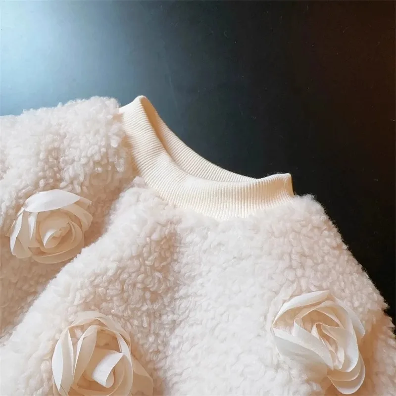 2025 New Korean Children's Clothing Baby Girl Long-sleeved Velvet Top Children's Winter Clothing Girls' Lamb Wool Sweater