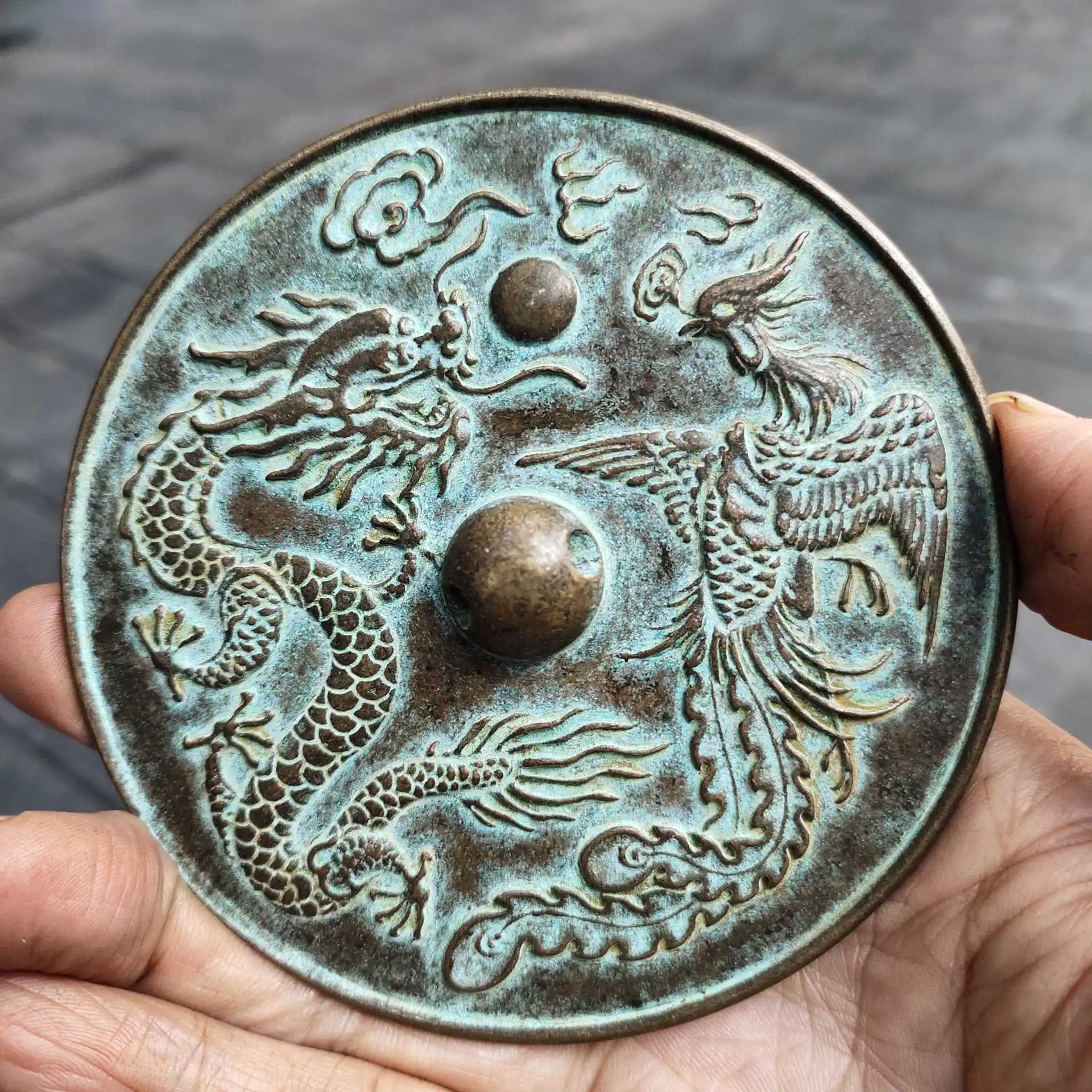 

Bronze Miscellaneous Collection Ancient Dragon and Phoenix Bronze Mirror Home Crafts Ornament