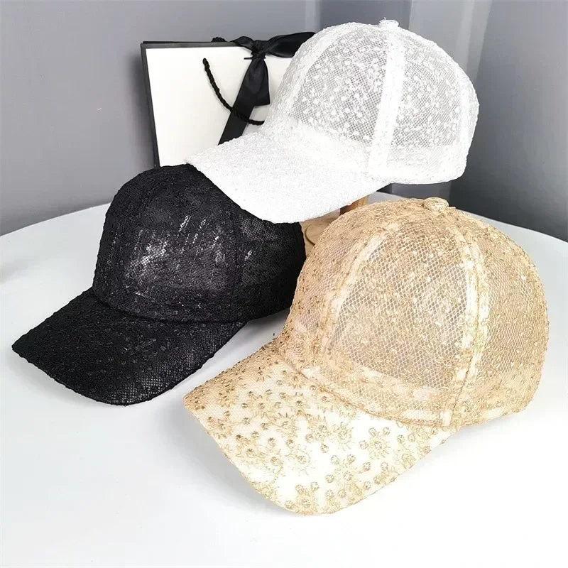 Topi bisbol payet renda tipis wanita, topi Snapback wanita payet renda tipis Serba Guna, topi bebek bersirkulasi udara, Jala, nyaman