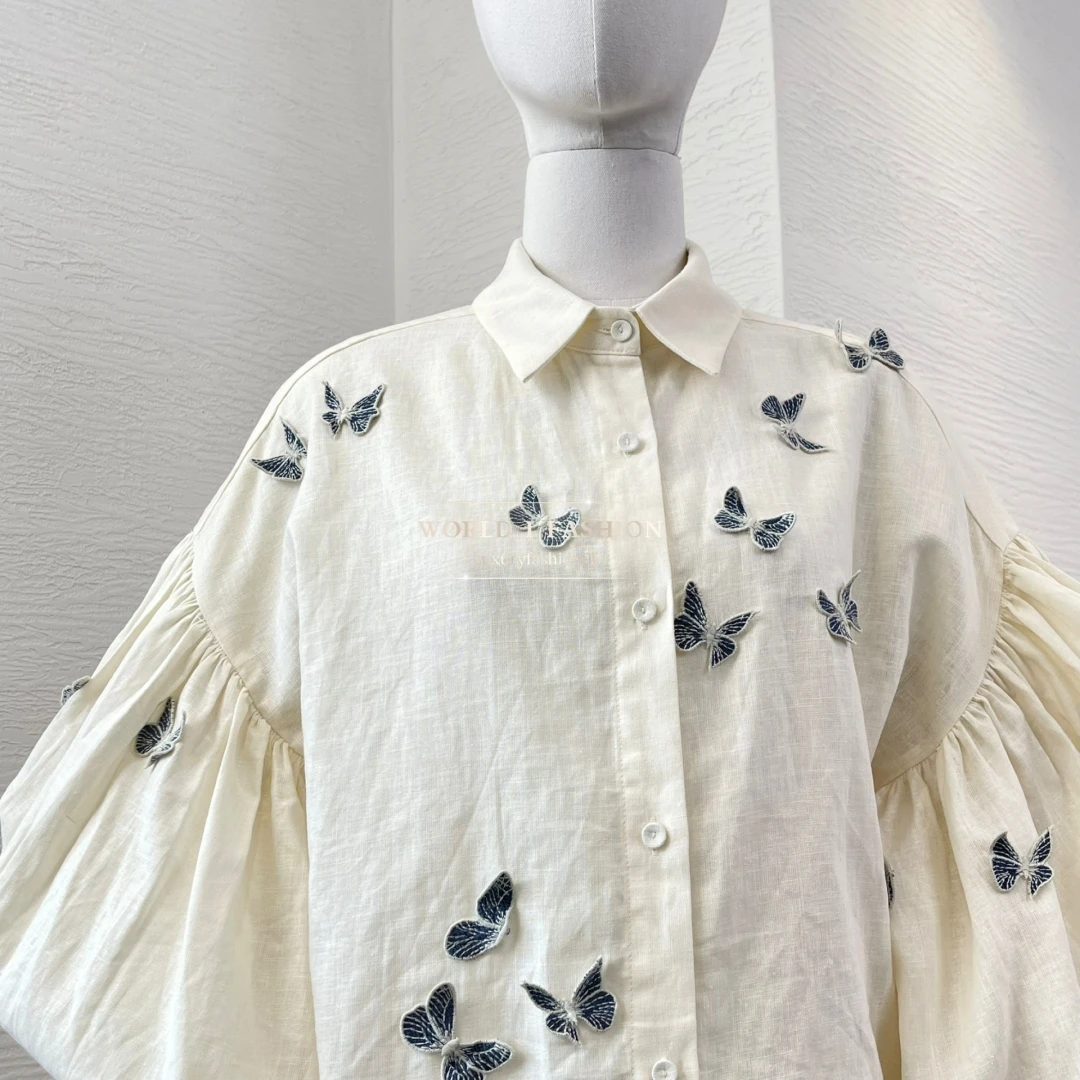 

2025 New Beautiful White Butterfly Appliqued Long Sleeve Blouse Top and Shorts Set