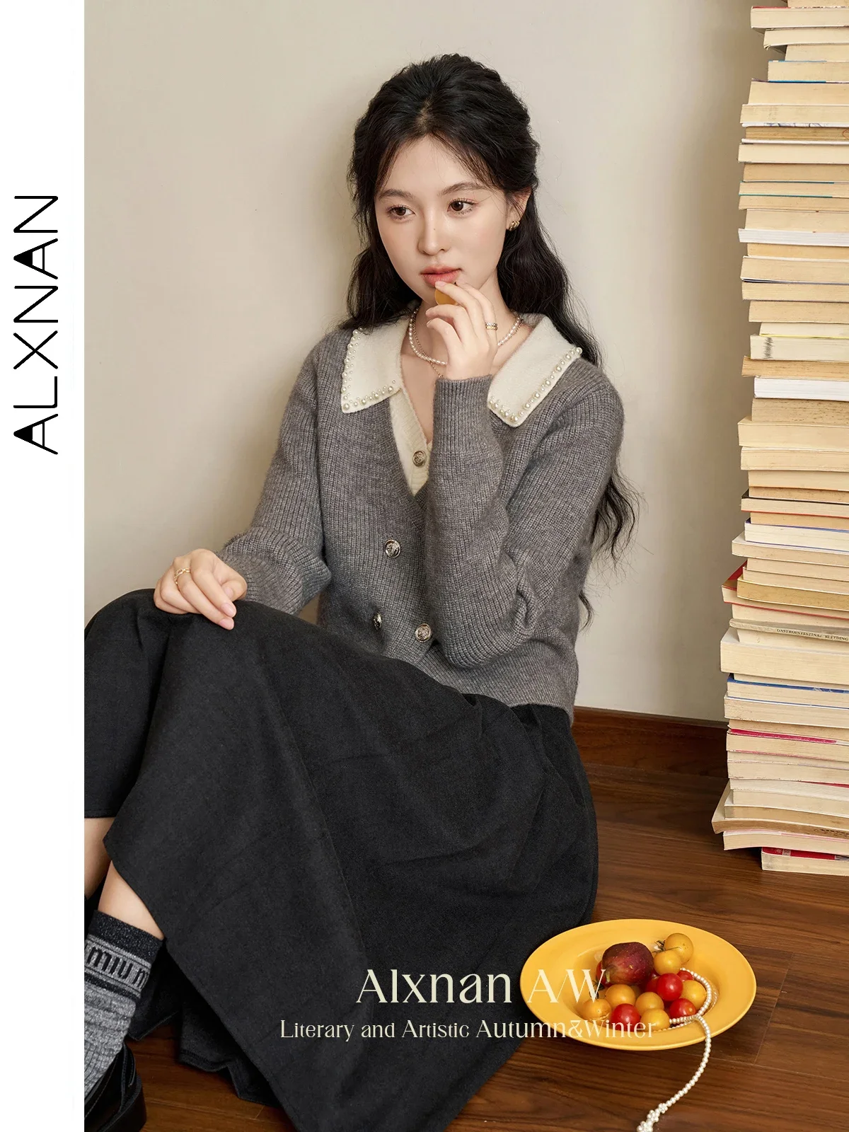 ALXNAN 플러스 사이즈 여성용 그레이 카디건 브이넥 가짜 투피스 니트 스웨터 우아한 비즈 칼라 금속 단추 스웨터 D07118