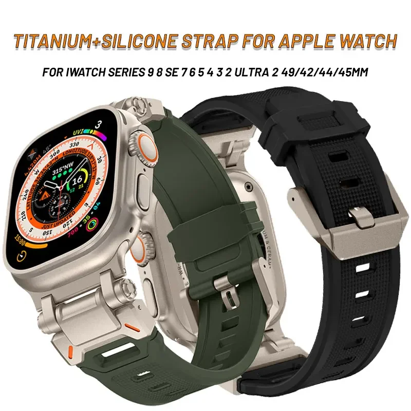 

Silicone+Titanium Stainless Steels Strap For Apple Watch Ultra2 49mm Sports Rubber Band For iWatch 8 7 6 SE 5 4 3 44mm 41mm 45mm