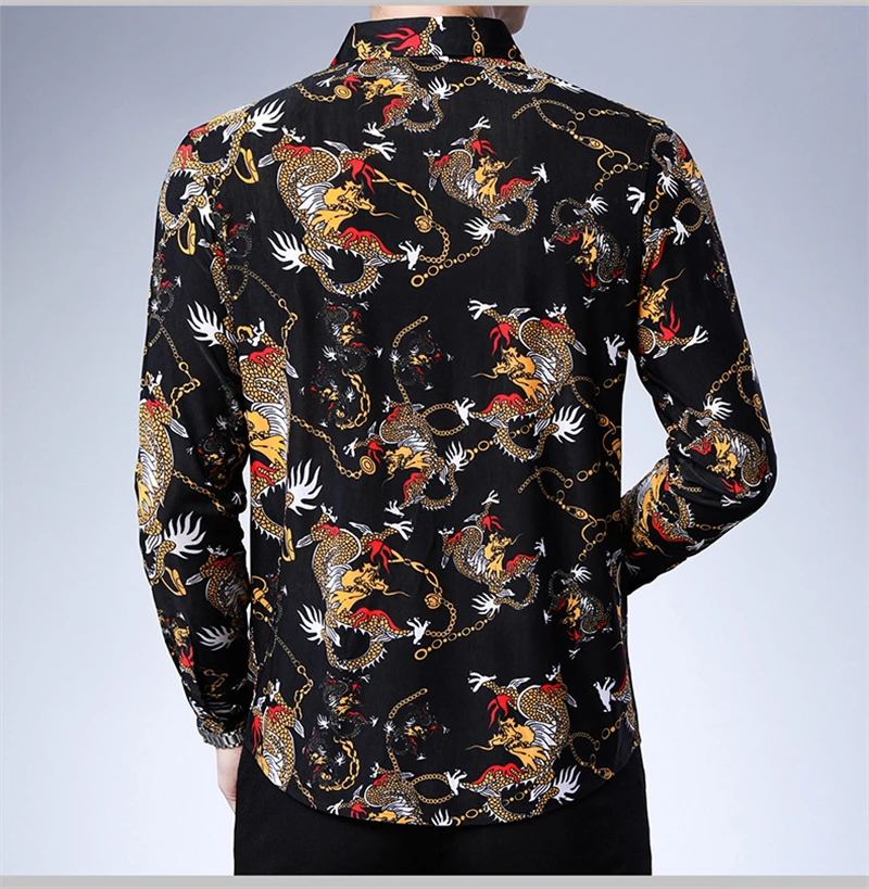 New Dragon Tattoo Pattern 3D Printed Fashion Men\'s Long Sleeve Button Down Shirts Spring Mens Casual Lapel Shirt Male Clothing