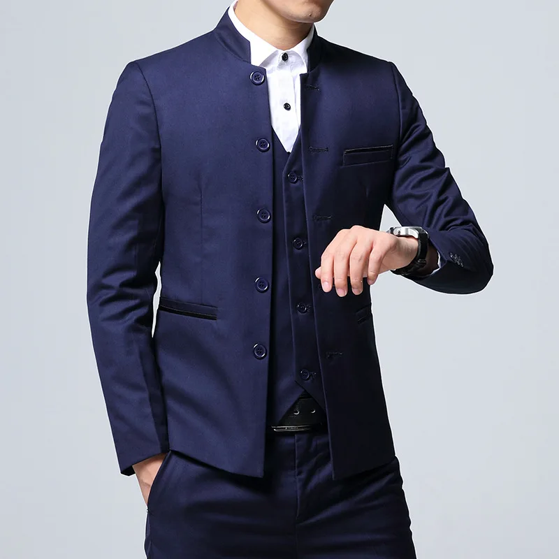 

Men's Suit 3 Piece Set Slim Fit Jacket Pants Wedding Banquet Male Stand Collar Solid Color Business Casual Blazer Vest Trousers