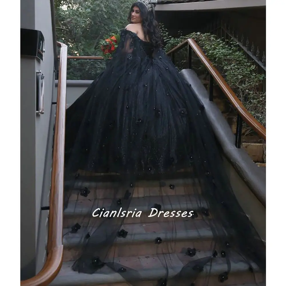 Black Glitter Crystal Plus Size Quinceanera Dresses Ball Gown Off The Shoulder 3D Flowers Corset Vestidos De XV Anos