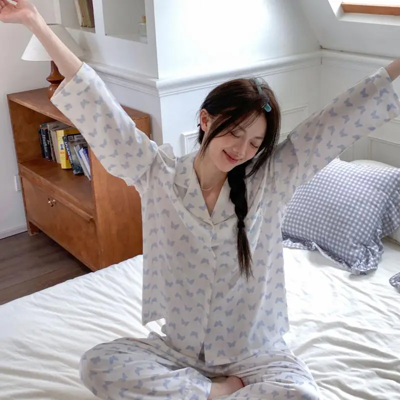 Butterfly Print Women Pajamas Home Wear Long Sleeves Lapel Loungewear 2 Pcs Sleep Set Satin Comfy Casual Nightwear Chemise