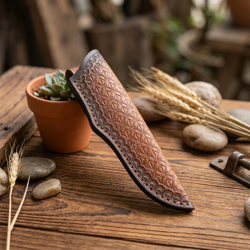 Embossed Cowhide Universal Leather Knife Sheath 19CM, Protective Knife Case Pouch for Fixed‑Blade Knives Tool Parts