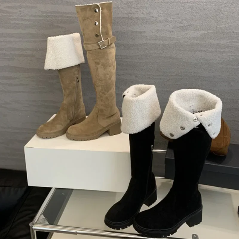 

Aneikeh 2026 Winter Fashion Round Toe Buckle Strap Long Over The Knee Women Boots Square Low Heels Zipper Female Shoes