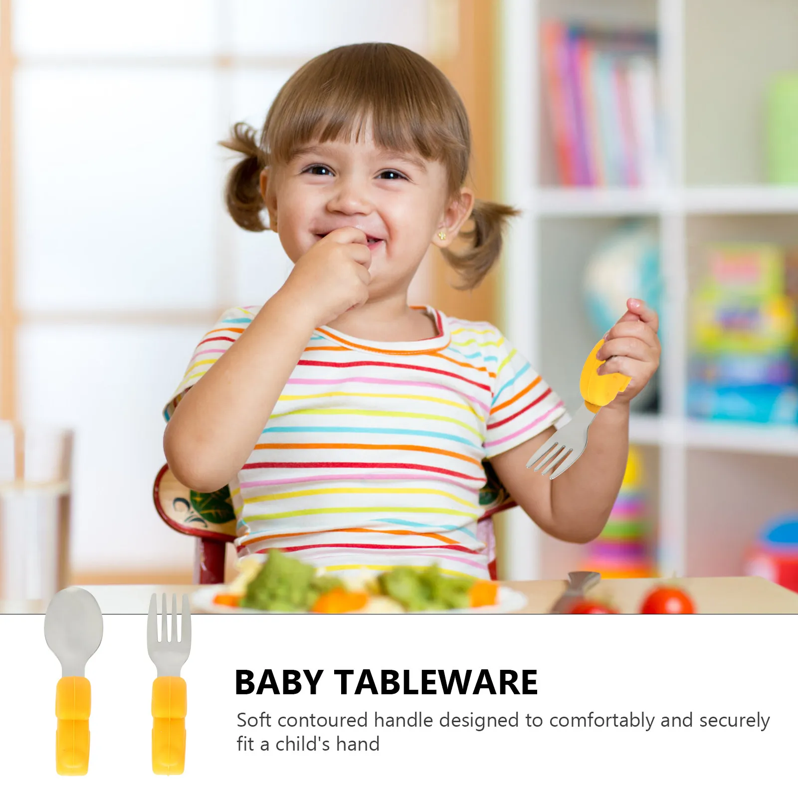 2Pcs Baby Fork Spoon Set Stainless Steel Silicone Cartoon Design Anti-Skid Safe Toddlers Tableware Baby Training Supplementary