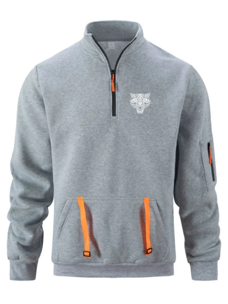 New men's spring-autumn pullover with zipper stand collar, sport print pattern on the arm, pure color top