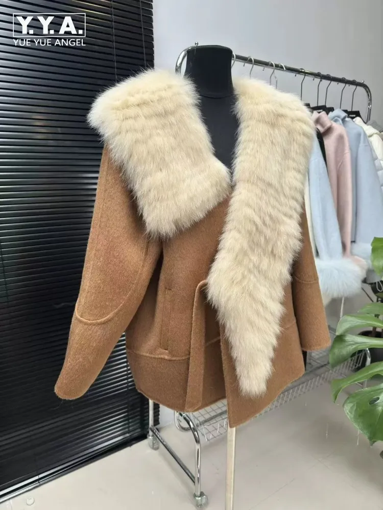เสื้อคลุมขนแกะสำหรับผู้หญิง ฤดูใบไม้ร่วง ฤดูหนาว แต่งปกขนจิ้งจอก ผสมขนแกะแท้ ทรงหลวม สไตล์เก๋ไก๋ เหมาะสำหรับงานปาร์ตี้ พร้อมเชือกผูก