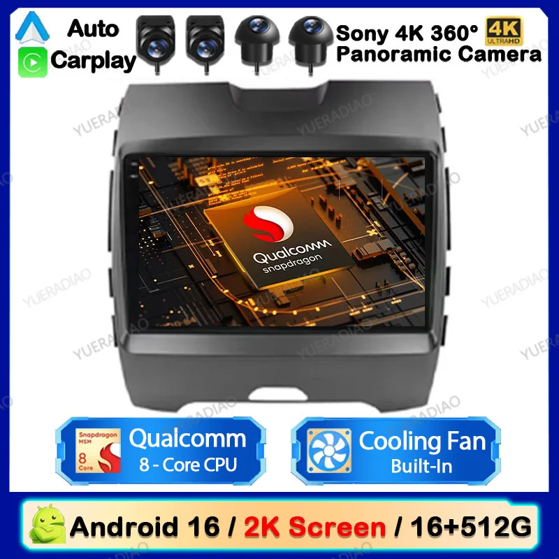 Rádio Automotivo Android 16 para Ford Edge 2 2015 2016 2017 2018 com Mirror Link, Carplay, 4G WIFI, Qualcomm, Tela QLED 2K, Unidade Principal 2DIN
