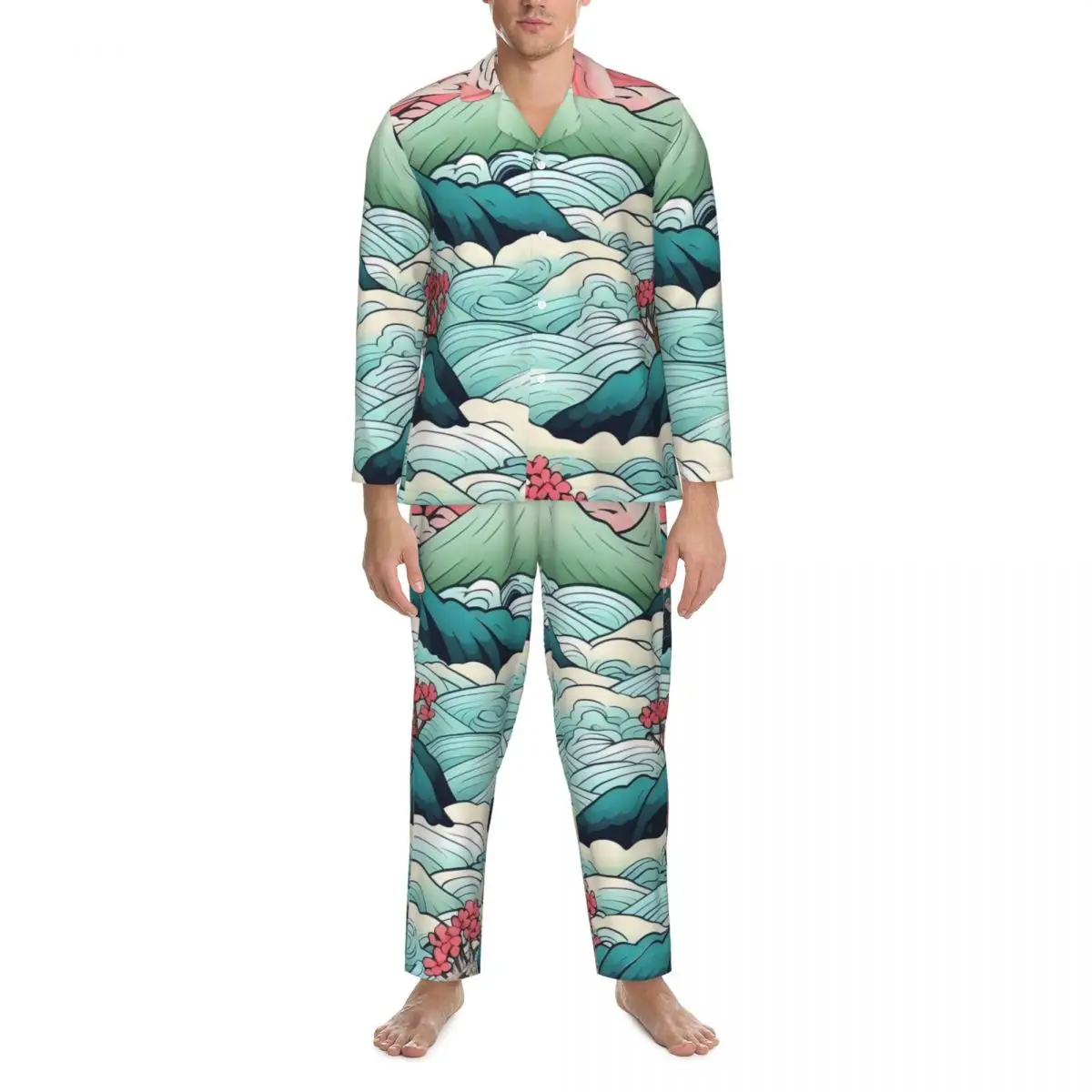 Japanese Art Sleepwear Autumn Japanese landscape Retro Oversized Pajama Sets Mens Long Sleeve Kawaii Bedroom Design Nightwear