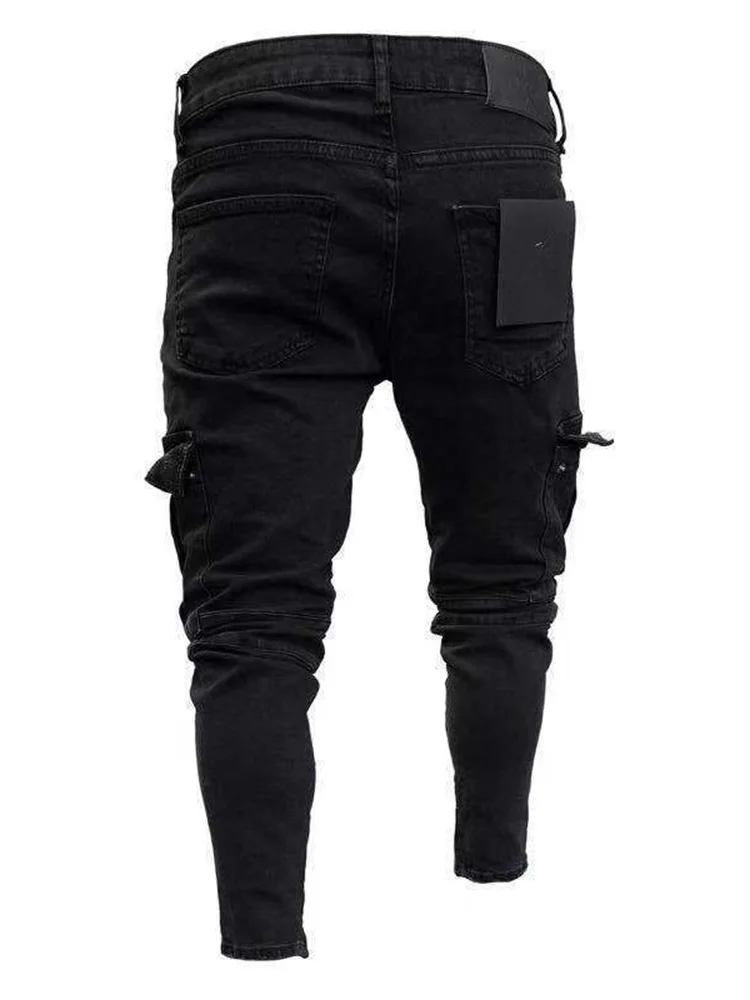 Men Jeans Knee Hole Ripped Zipper Stretch Skinny Denim Pants Solid Color Black Multi-Pocket Hip-Hop Style Slim Fit Trousers