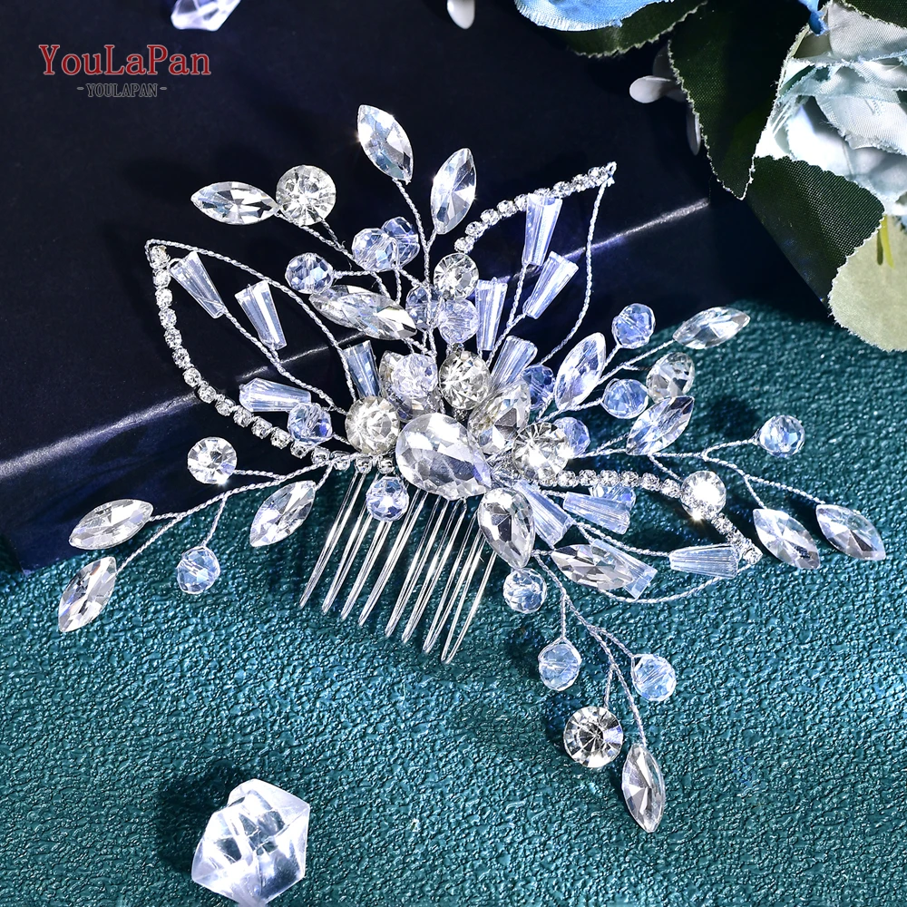 YouLaPan-peineta de cristal hecha a mano, cadena de diamantes de imitación con forma de hoja, peine lateral para boda, diadema, tocados de novia, accesorios HP831