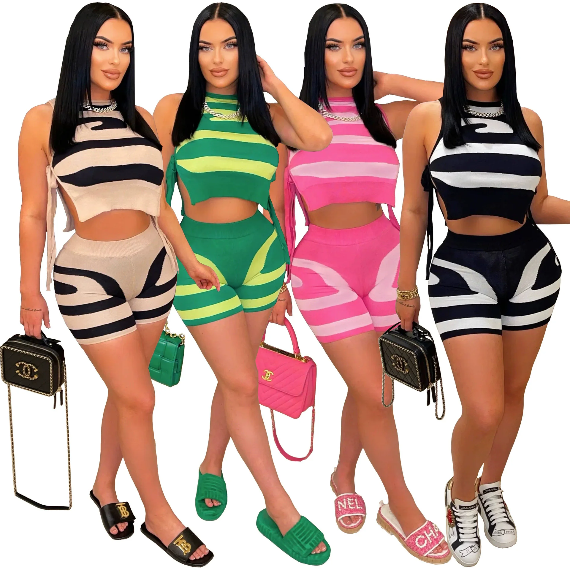 

2025 Summer New Arrivals Women Knitting Two Pieces Set Sleeveless Lace-up T Shirt and Shorts Round Neck Casual Sport Suit