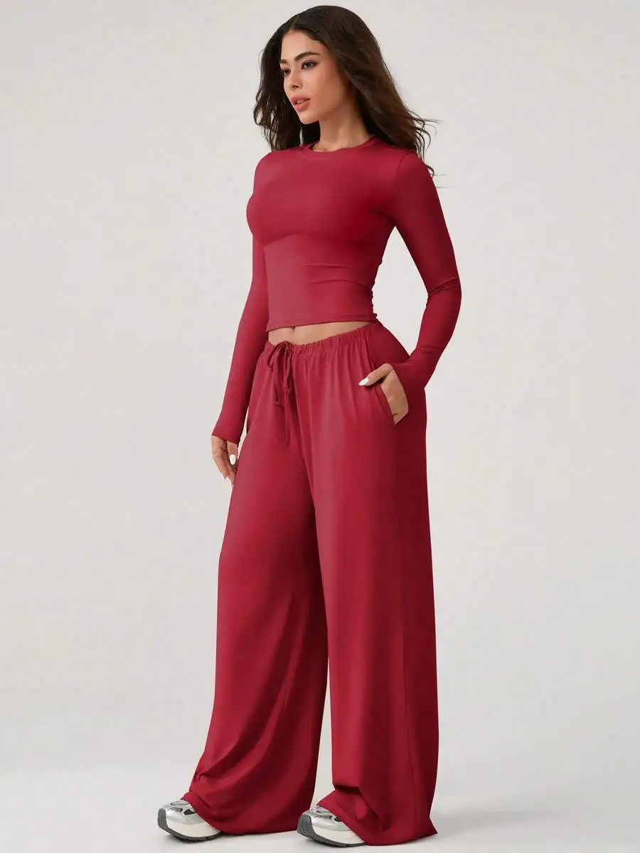 

Women Solid Color Drawstring Straight Leg Relaxed Fit Crew Neck Long Sleeve Top And Pants Workout Set