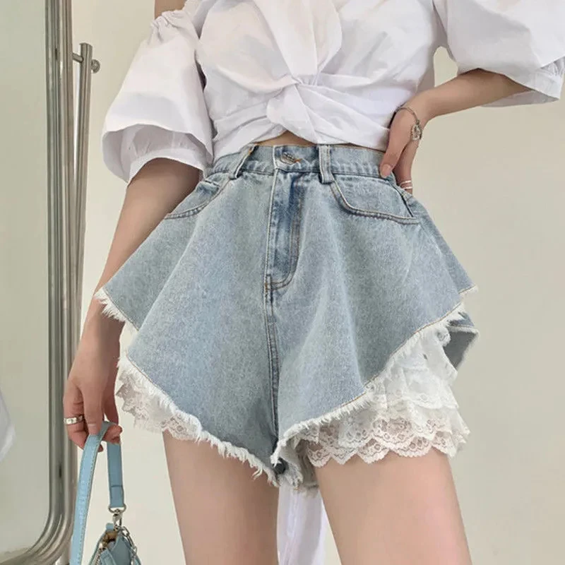 Y2K Women Solid Mini Skirt Korean Sexy Lace Two Piece Sets Female Denim Skirt Summer Fashion All Match High Waist Ladies Skirt