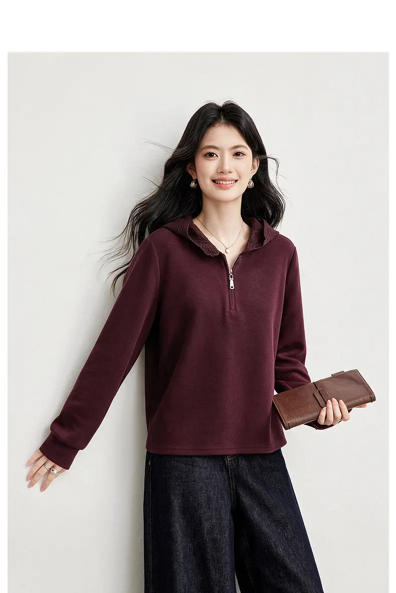 VIMLY Women's Hooded Sweatshirt 2026 Autumn Elegant Lace Trim Splicing Casual Pullover Fashion Long Sleeve Top Ladies A7628