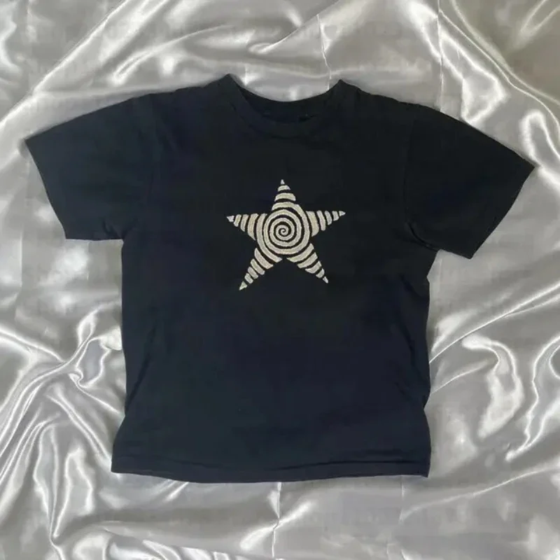 توب كورتو Y2k Emo Girl ropa de calle gotica estetica Punk para mujer، camiseta informalde mangacorta con estampado de estrella
