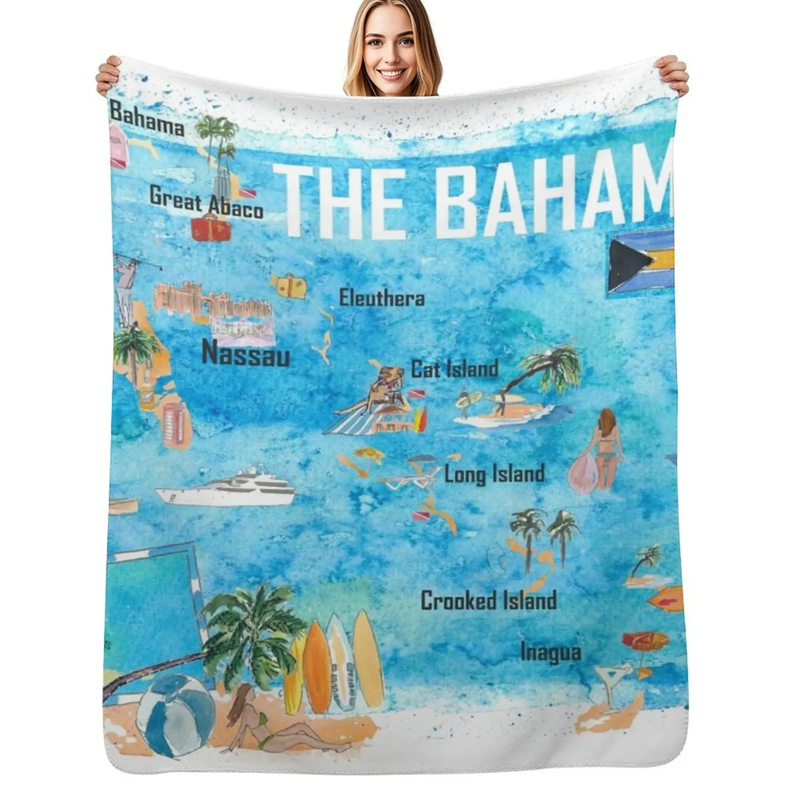 

The Bahamas Illustrated Map with Main Roads Landmarks and Highlights Throw Blanket Soft Bedroom Blanket for Night Sleeping