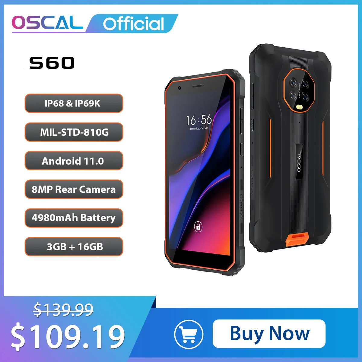 

OSCAL S60 Rugged Smartphone Android 11 IP68 Waterproof Mobile Phone 3GB RAM 4980mAH MTK Phone 5.7inch 4G Celular