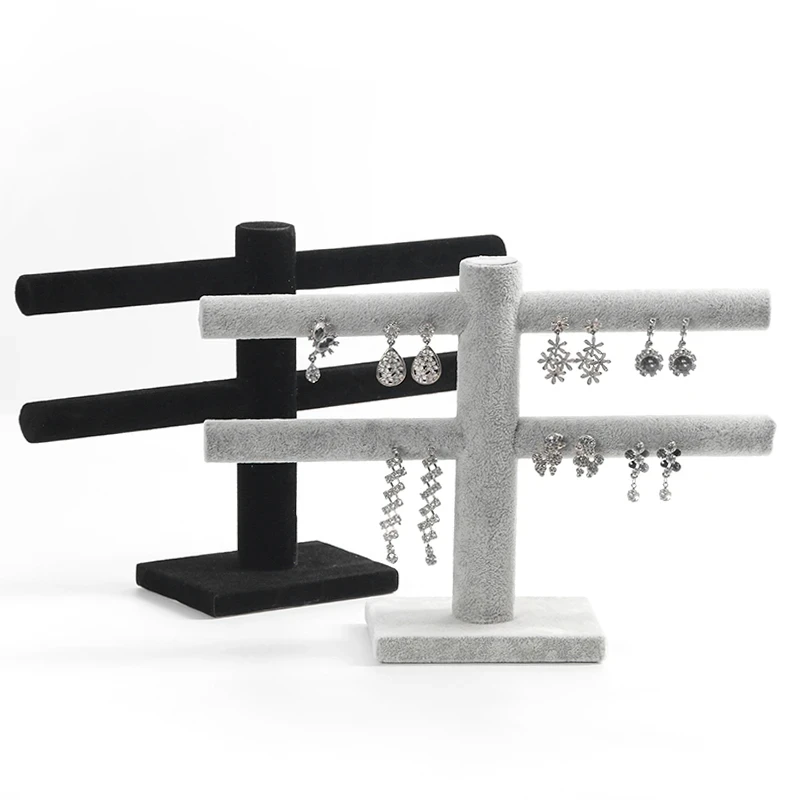 Velvet Earring Holder Stand Rack Ice and Black 2 Tier T-bar Stud Earrings Display Rack Stand Jewelry Organizer for Store Storage