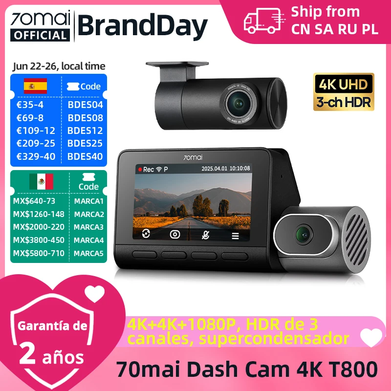 70mai Dash Cam 4K T800 con módulo 4G UP04 supercondensador 3 canales HDR Wifi 6 GPS Control remoto alerta en tiempo Real 70mai T800