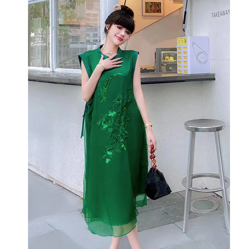 

High End Summer New Chinese Style Silk Organza Embroidered O-Neck Single Breasted+Lace Up Sleeveless Woman Dress S-XL