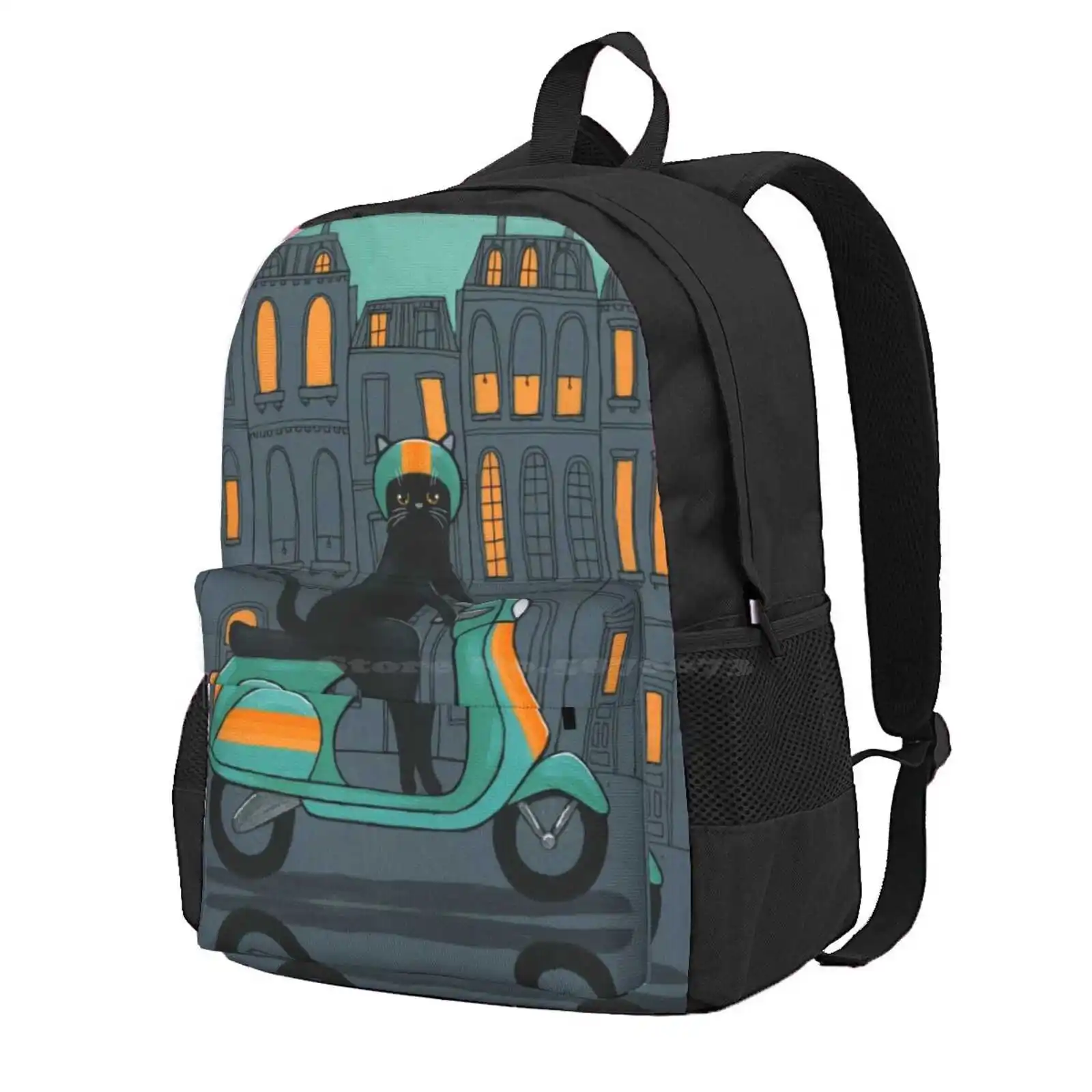 

Scooter Kitty Hot Sale Schoolbag Backpack Fashion Bags Cats Road Trip Cityscape Black Cat Cat Riding A Scooter Kilkennycat