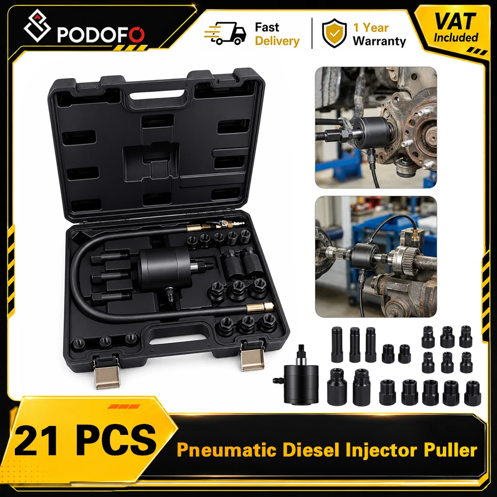 Podofo 21Pcs Pneumatic Fuel Injector Puller Kit Injector Removal Extractor for Bosch Delphi Denso Siemens CR CRIN CAT320 Cummins for Solenoid Coil Screw Connection Auto Engine Professional Repair