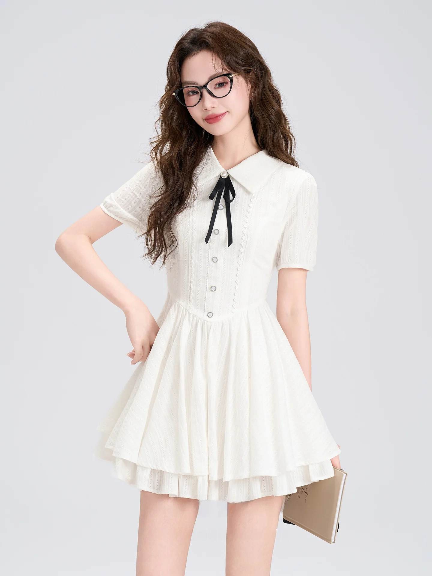 

Summer School Style White Short Sleeve Turn-down Collar Dress Women's Short Waist-cinching Shirt Dress A-line Dress
