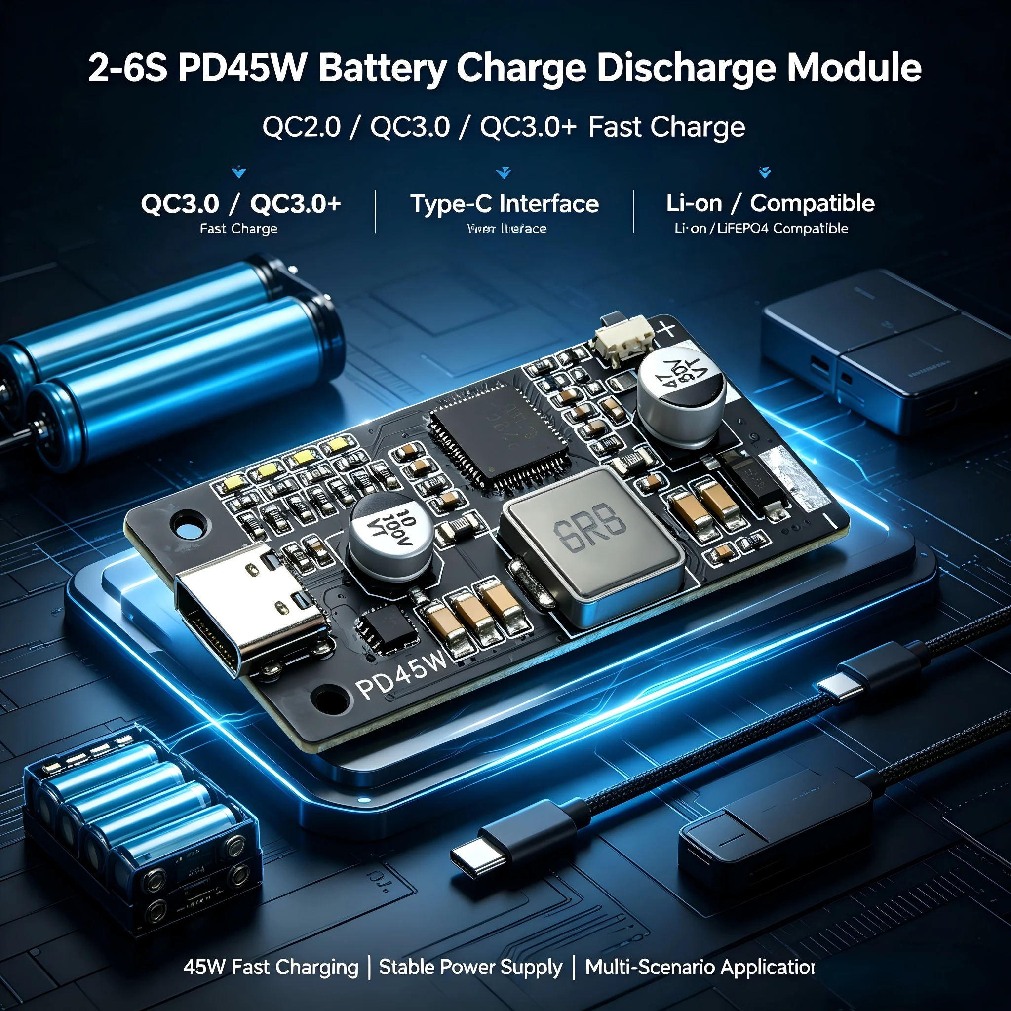 PD45W 2-6S Lithium/LiFePO Battery Charge/Discharge Module QC2.0/QC3.0/QC3.0+ Output Fast Charging for Drone Battery/Power Bank