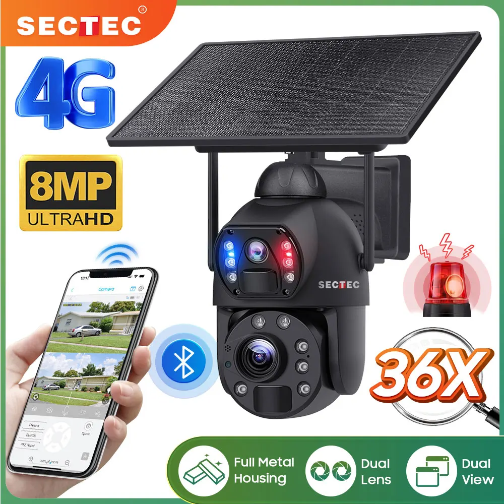 secotec camera de vigilancia domestica sem fio com visao noturna 8mp zoom 36x visao dupla bateria solar ptz wi fi 01