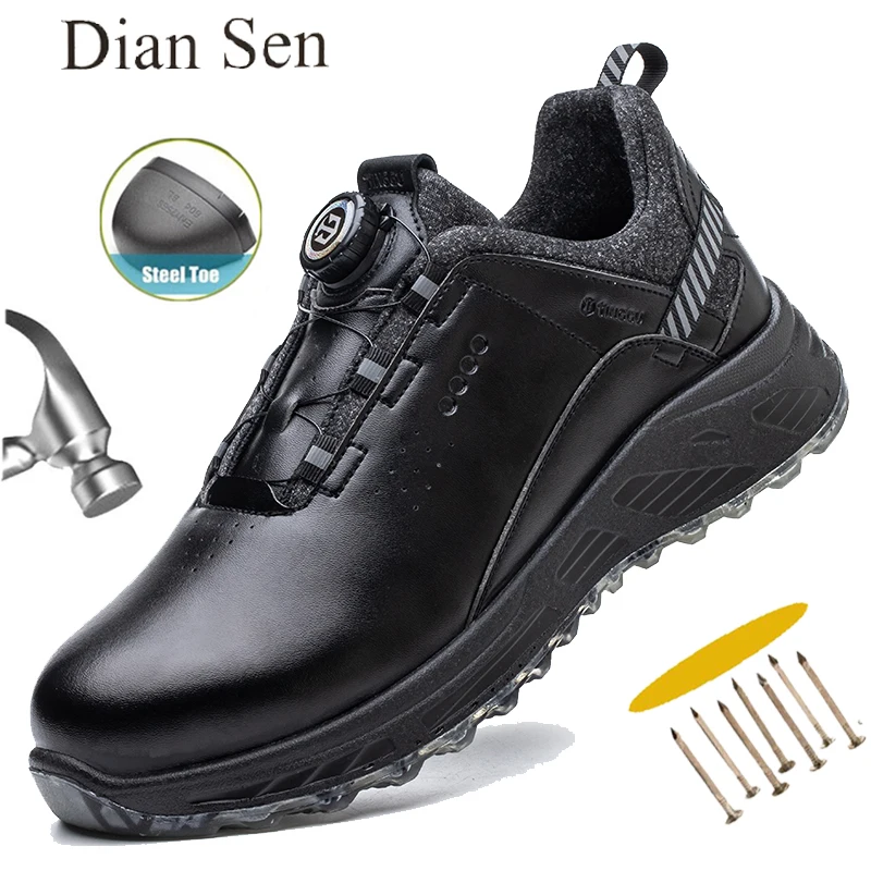 

Men Rotated Button Safety Shoes Puncture-Proof Work Sneakers Waterproof Leather Shoes Security Boots Wear-resisting Protective