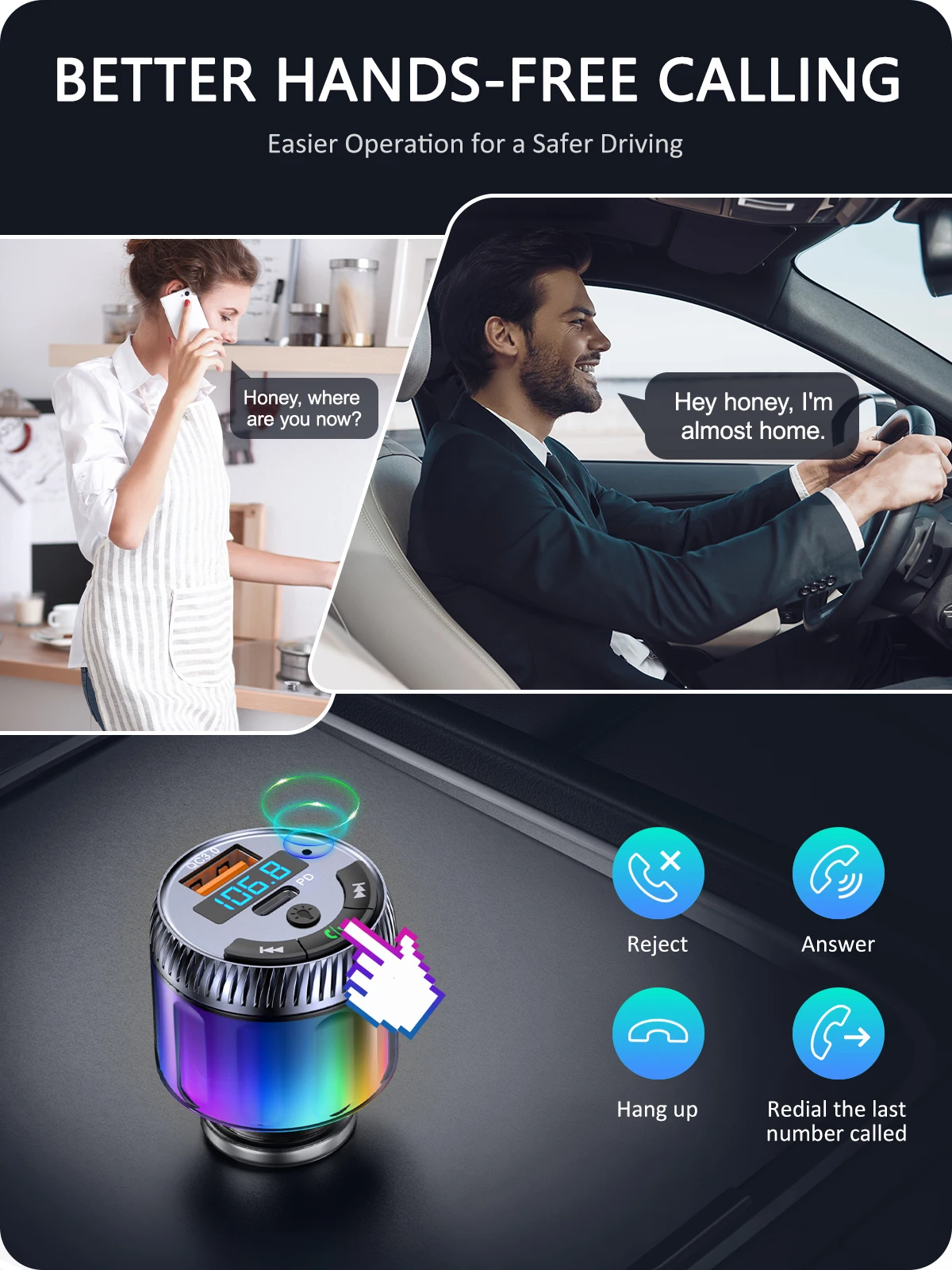 LENCENT Bluetooth 5.3 FM Transmitter Bluetooth Car Adapter with Type C PD 30W & QC3.0 USB Fast Charger Hi-Fi Music Adapter