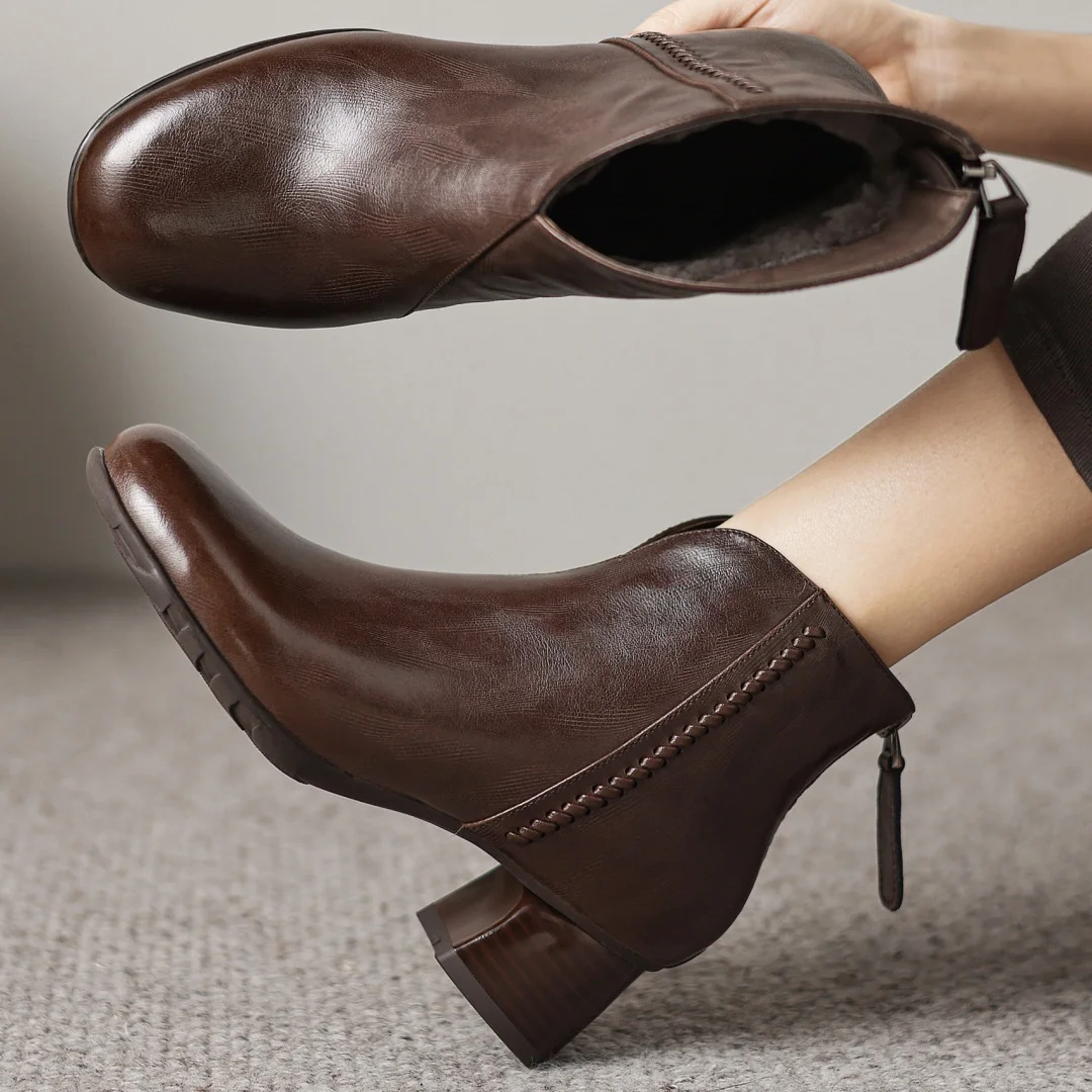 

Women's genuine leather round toe back zip wool inside winter ankle snow boots 4.5cm thick med heel elegant ladies short booties