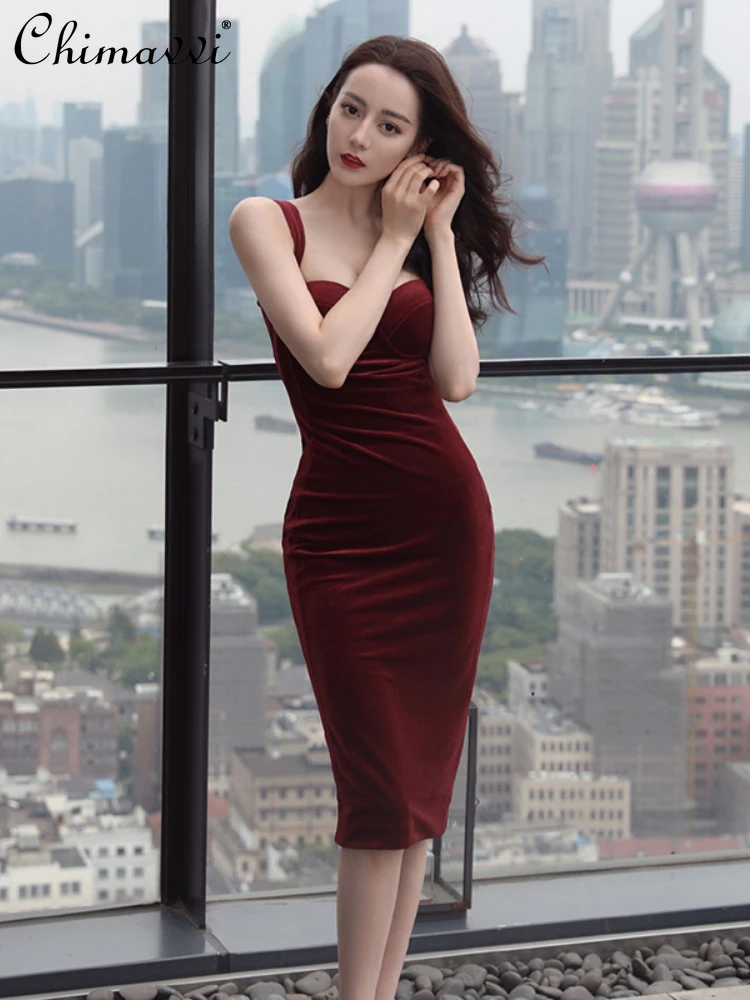 

French Style Elegant Socialite Sexy Sling Dress Sleeveless Square Collar Backless High Waist Skinny Sheath Evening Dress Women