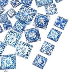 10pcs/lot Blue and White Patterns Glass Cabochon Beads Square Glass Cabochon Beads For Jewelry Making DIY Bracelet Necklace