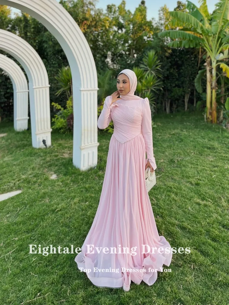 Eightale アラビア語イブニングドレス O ネックカスタマイズされた A ラインライトピンクシフォンイスラム教徒長袖プロムウェディングパーティードレス