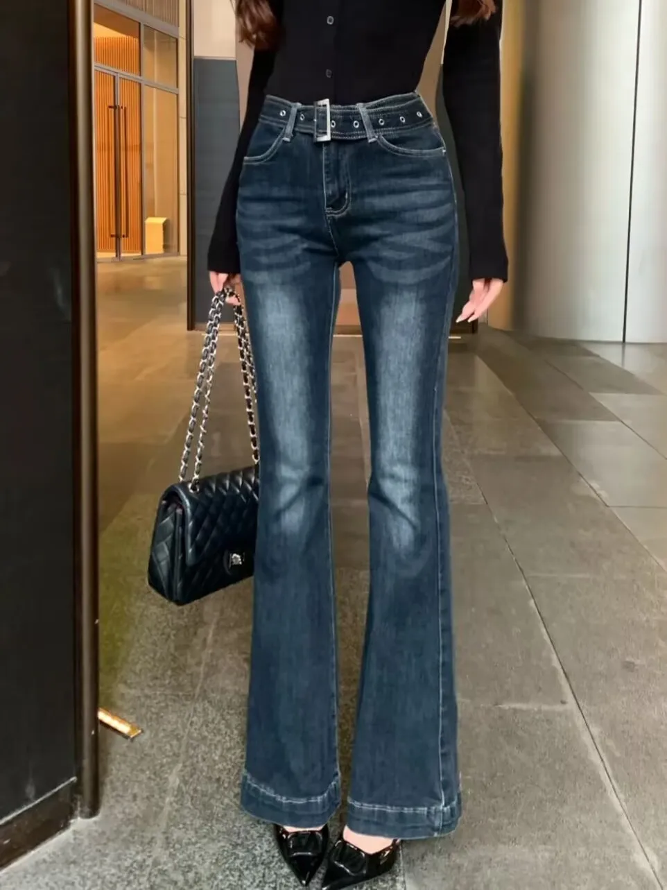 

Retro American Spicy Girl Deep Blue Slim Flared Jeans High Waist Square Bule Belt Design Slimming Versatile Women's J...