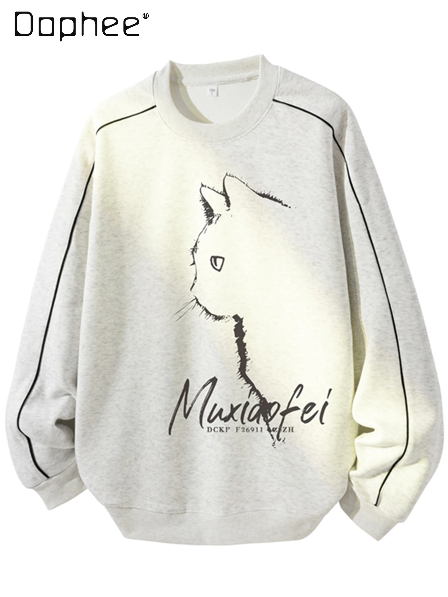 

2025 Spring and Autumn New Cat Print Men's Round Neck Long Sleeve White Hoodie American Style Loose Fit Versatile Black Gray Top