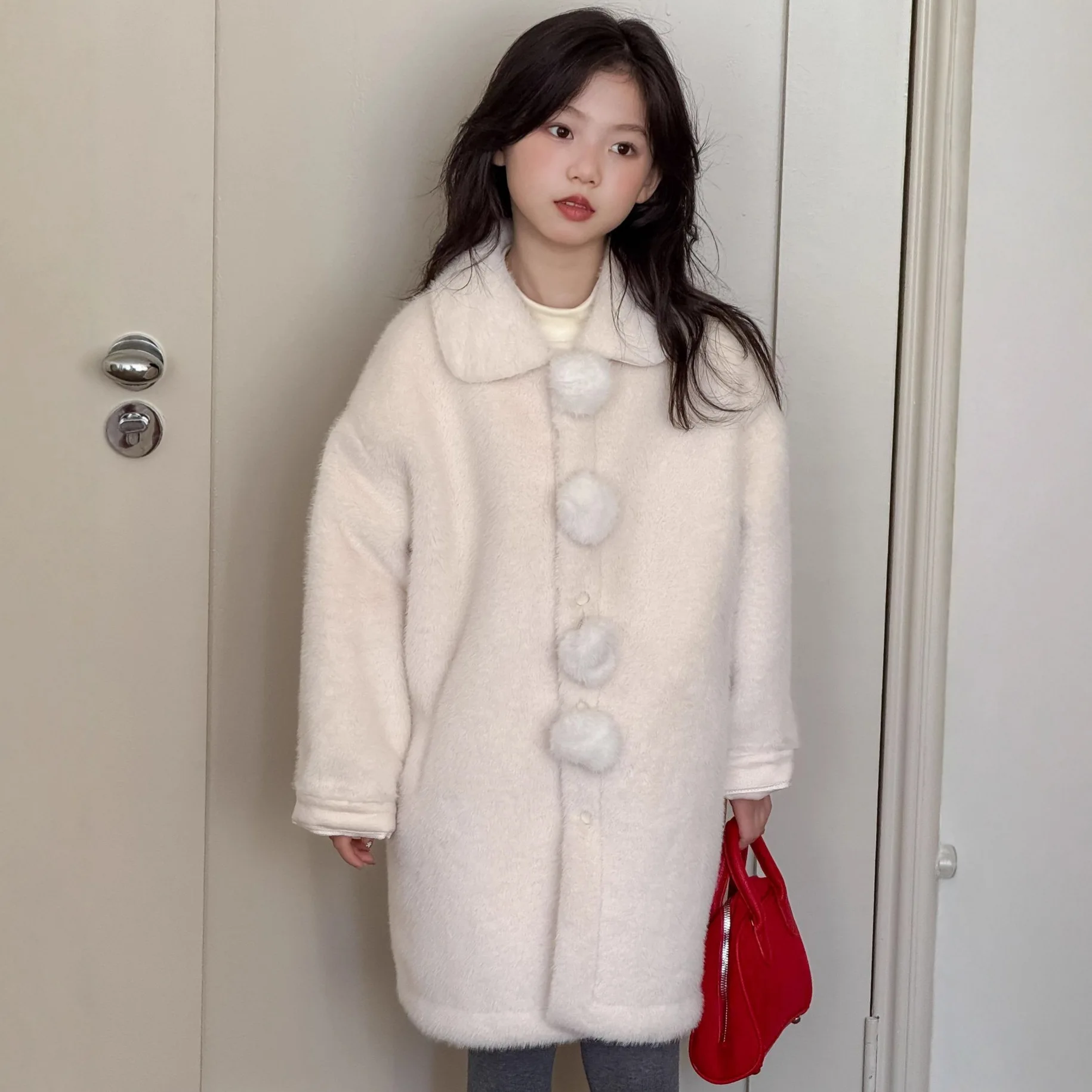 

Зимнее детское пальто из искусственного меха для девочек от 2 до 12 лет, длинное шерстяное пальто с отложным воротником для девочек, милая белая верхняя одежда для маленьких девочек