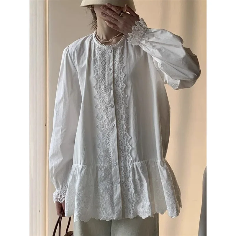 

Spring 2025 New French Round Neck Single-breasted Lace Loose Long Shirt Women's Cardigan