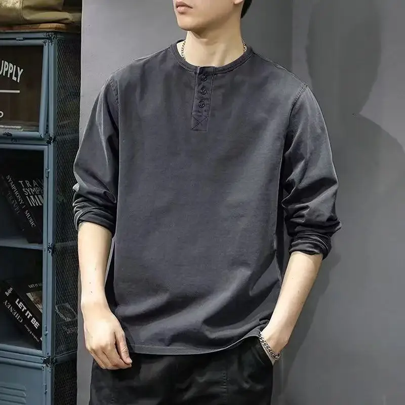 

Harajuku, простые однотонные топы больших размеров, мужские весенне-осенние свободные уличные повседневные футболки с длинными рукавами, трендовая модная мужская одежда