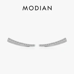 Modian Minimalism Line Stud Earrings Solid 925 Sterling Silver Feather Clear CZ Studs Ear For Women Hypoallergenic Jewelry Gifts