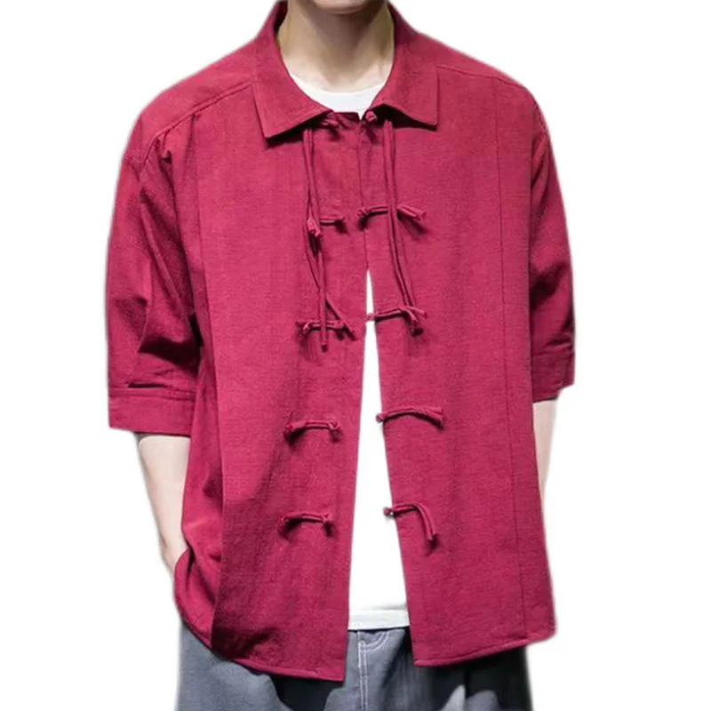 

Half Sleeve Men Turn Down Collar Cotton & Linen Casual Shirts Chinese Style Frog Closures Loose Shirt