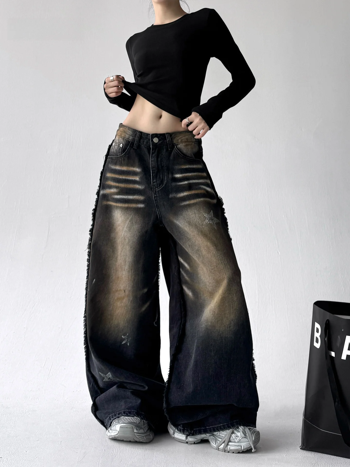 

Американские широкие джинсы с высокой талией, женские осенние новые свободные джинсы прямого кроя, старые джинсы из хлопка и эластичного волокна