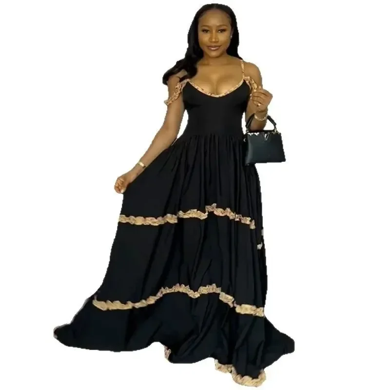 

Fashionable Sexy Strap V-neck Lace Long Skirt Dress Cross-border Women's Summer New Arrival Empire Waist Gown Sleeveless