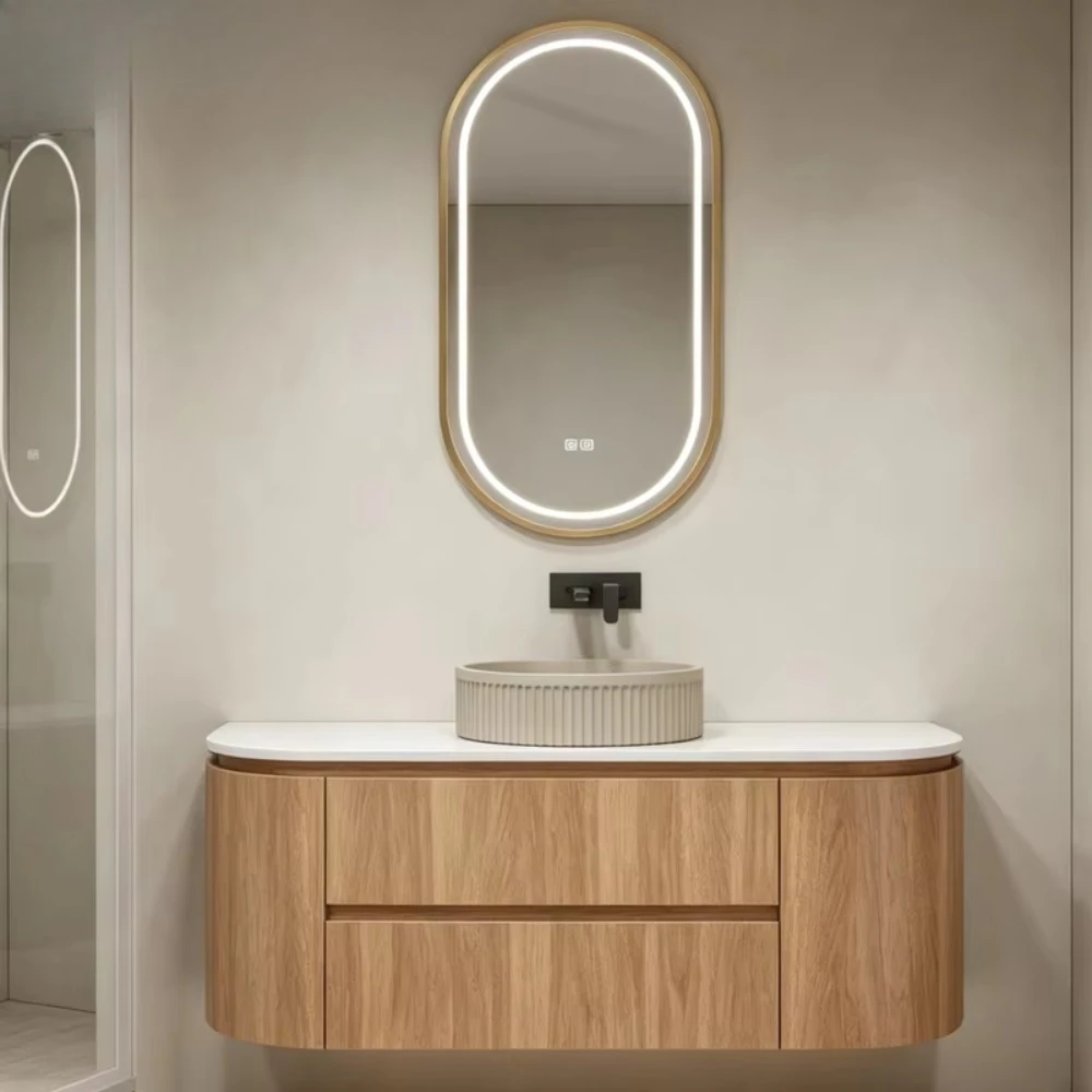 Modern Curved Floating Bathroom Vanities,Gold Frame Oval Smart LED Anti-Fog Touch Mirror, Custom Size Available Hotel Bathroom
